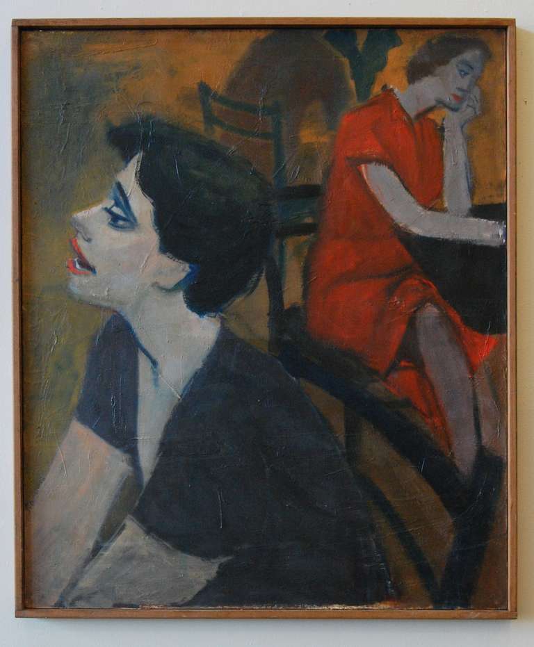 Oil on canvas figurative painting of the 1950's Beat Nick coffee house scene entitled 