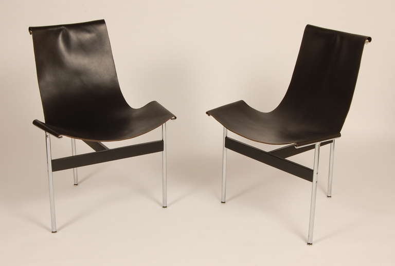 Designed in 1952 for Laverne International by the design trio of William Katavolos, Ross Littell and Douglas Kelley. These are early production models with original chrome finish, the leather slings have been replaced.