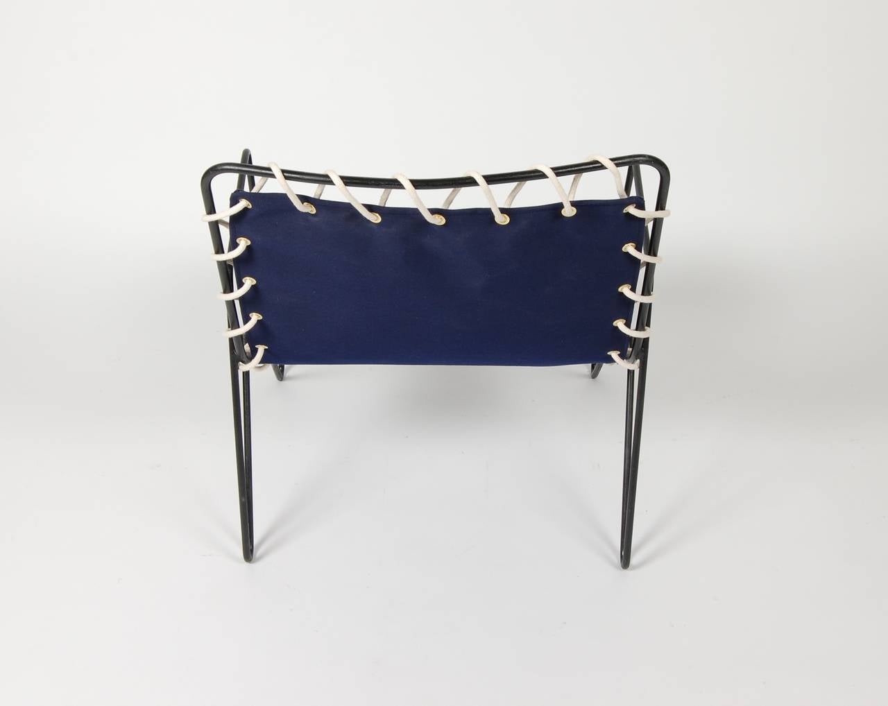 Other Modernist Iron and Blue Canvas Patio Lounge Chair, 1950s