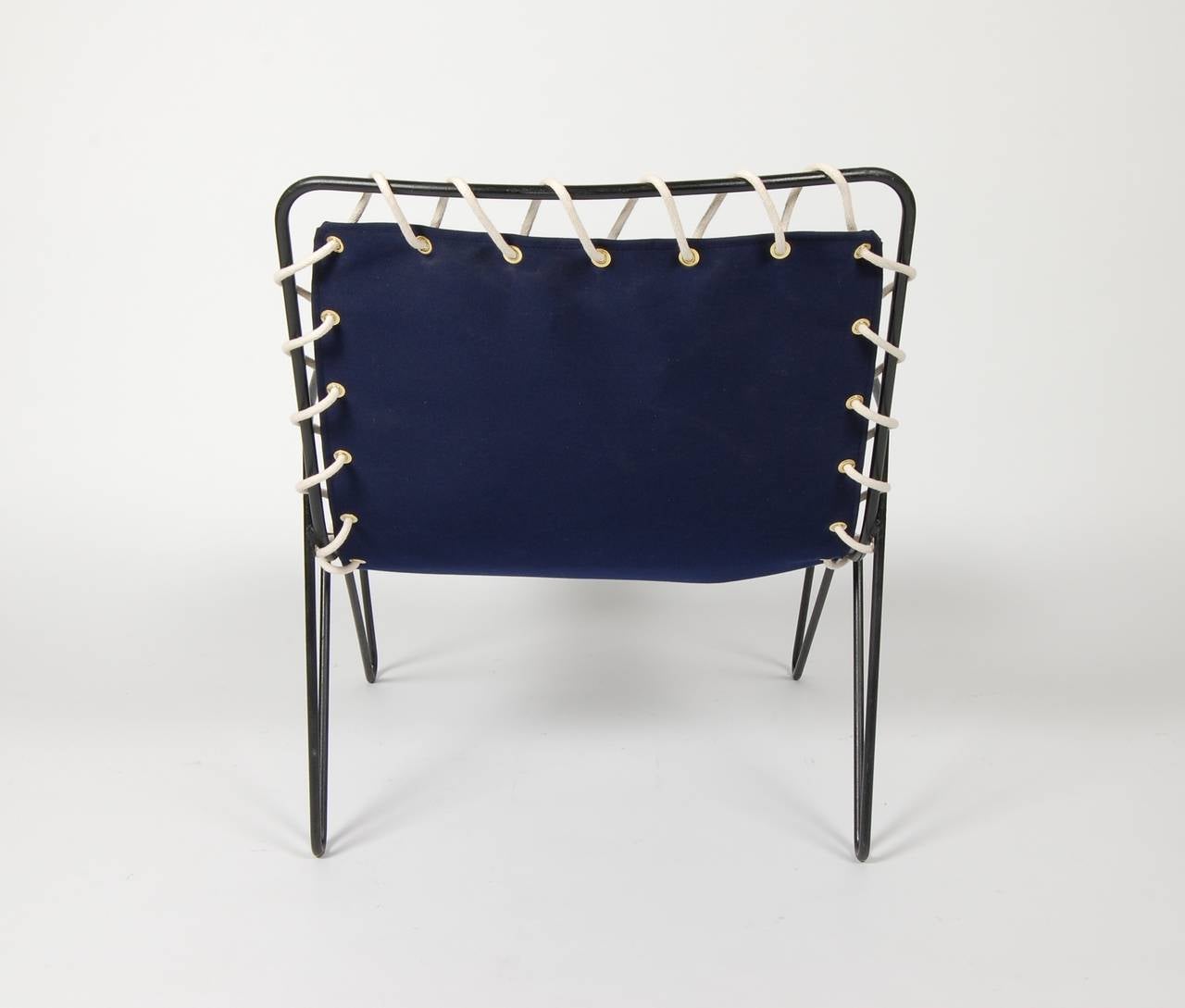 American Modernist Iron and Blue Canvas Patio Lounge Chair, 1950s