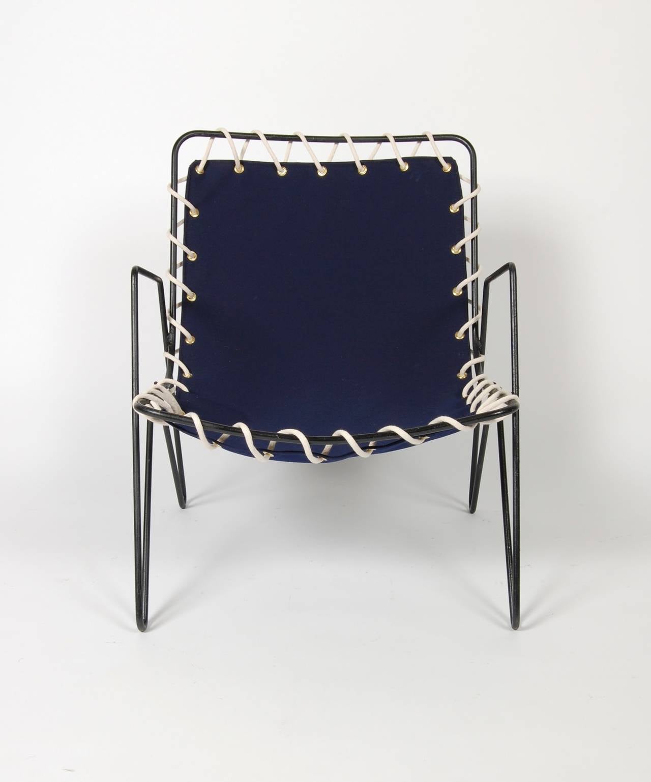 Mid-20th Century Modernist Iron and Blue Canvas Patio Lounge Chair, 1950s