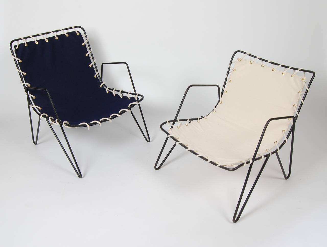 Modernist Iron and Blue Canvas Patio Lounge Chair, 1950s 2