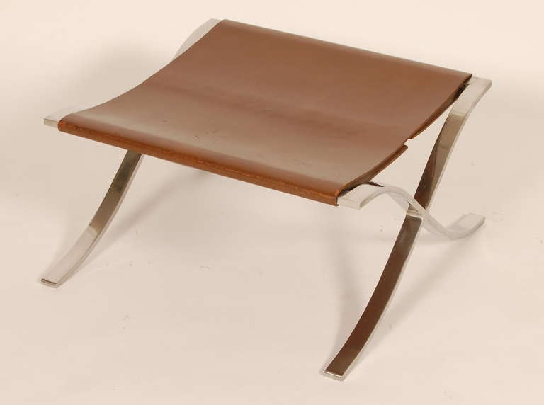 Created by Ludwig Mies van der Rohe and Lilly Reich in 1929 for the German Pavilion at the International Exposition hosted by Barcelona, Spain, later to be called the Barcelona chair and ottoman. This ottoman is a 1960s example by Knoll in a thick