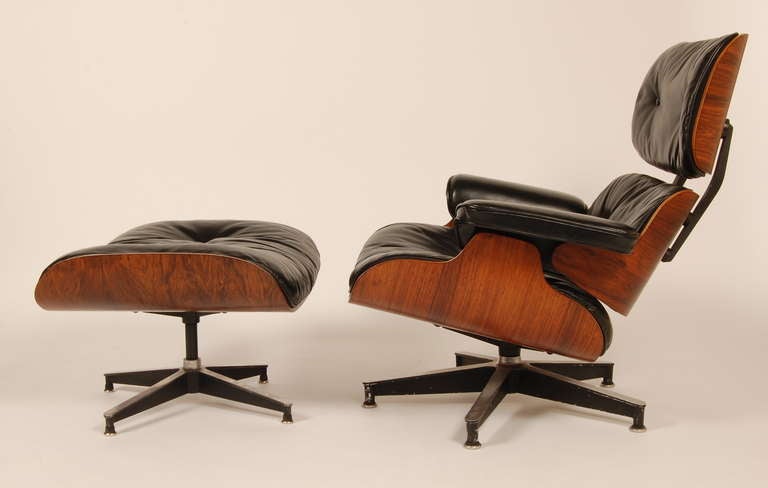 An exceptional  example of very early first year 1956 production Eames lounge and ottoman. What separates this chair from many others are a number of design and labeling indicators, the first is the cushions, with all four only having two snaps and