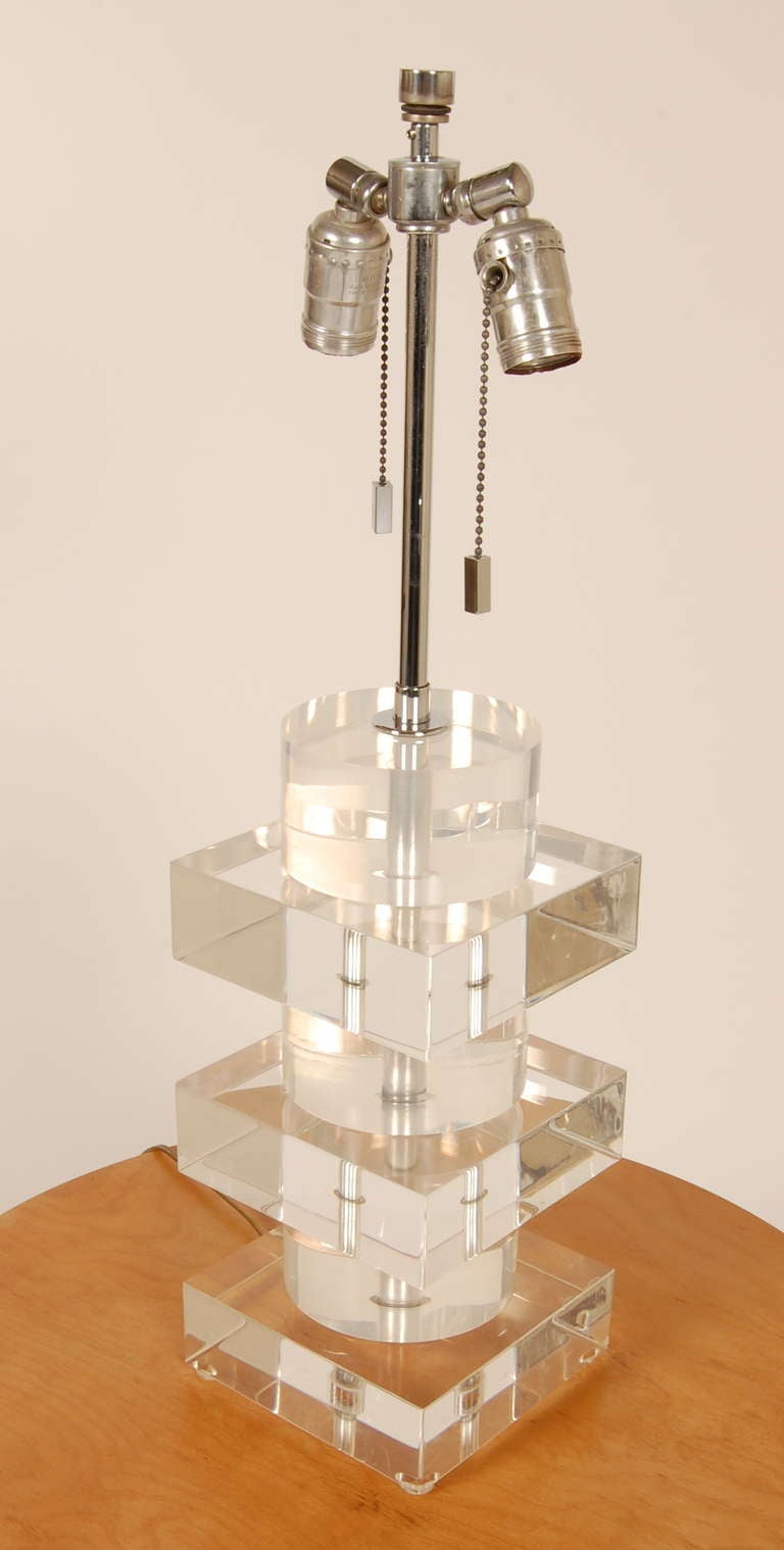 Karl Springer lucite block and cylinder table lamp. The top of the lamp stem can adjust 4.5