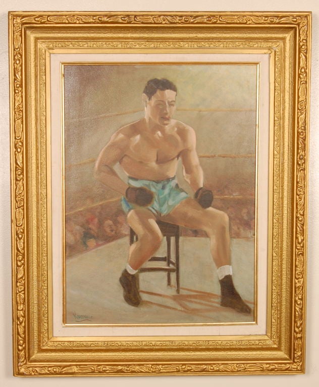 Portriat of 1930's  America boxer Heavyweight Champion of the World/Actor Max Baer 1909-1959  by Hedwig Kronig 1875-1953. The painting is oil on board in a ornate  gilded frame of the boxer in the ring during a fight. Image size is 17