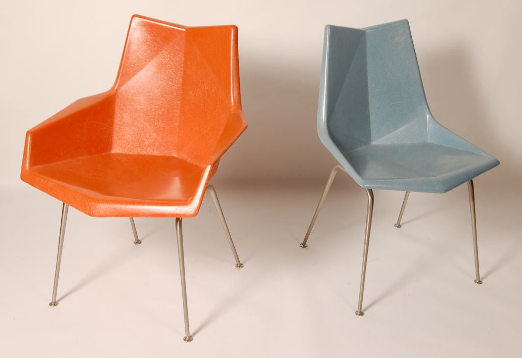 Faceted chairs in fiberglass designed by Paul McCobb for St John Seating Corporation. Wonderful colors and great texture created by the fibers under the gel coat. Not often seen  near mint condition. Sold individually, side chair measurements are