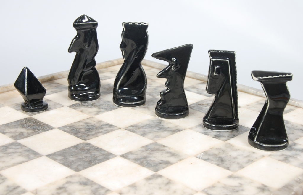 European Modernist Ceramic and Marble Chess Set