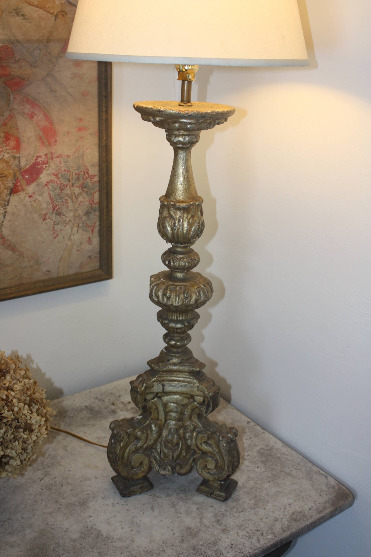 Large 18th Century Italian Silver Gilt Candlestick Lamp 1