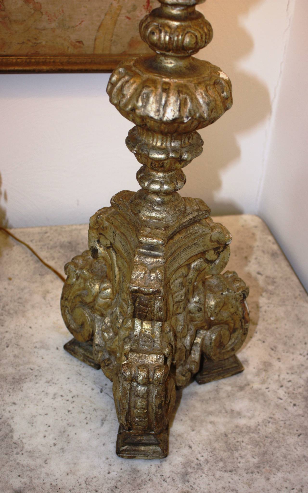 Silver Leaf Large 18th Century Italian Silver Gilt Candlestick Lamp