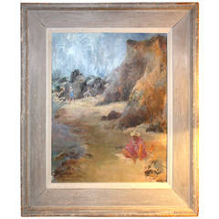 French 1940s Painting of a Beach Scene 3