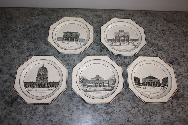 An early set of 5 Creil pictorial transferware plates depicting various French historical landmarks and monument, circa 1820.