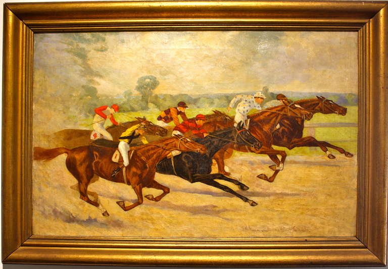 A lively oil-on-canvas of racehorses and jockeys, circa 1920's, in an early  frame, signed indistinctly lower right.  Image size 13.5