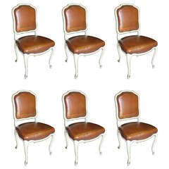 Set of Six Louis XV Style Dining Chairs, Leather Upholstery