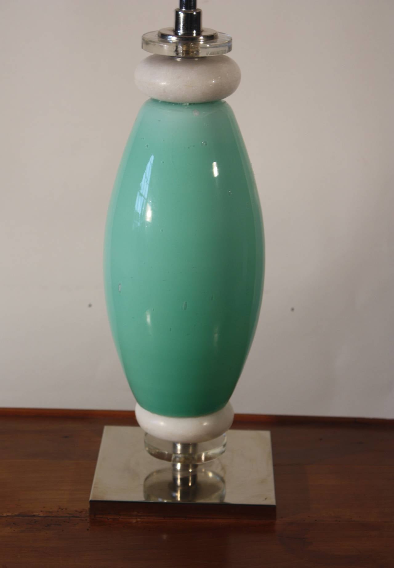 An artist-made table lamp in acrylic, glass, white marble and chrome, 20th century.