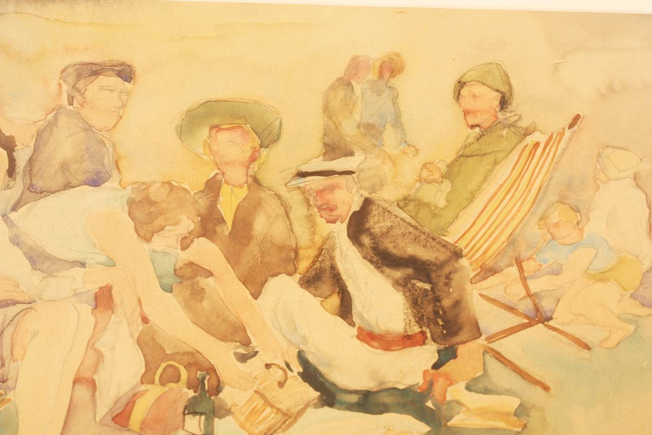 A fantastic watercolor painting by Odilon Roche (1868-1947), French, circa 1937, of a picnic scene, matted and framed under glass. Signed lower right. Odilon Roche was a fascinating character in Paris at the time. A disciple of August Rodin, he was