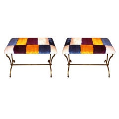 Pair of French 1940's Gilt-Iron Upholstered Benches
