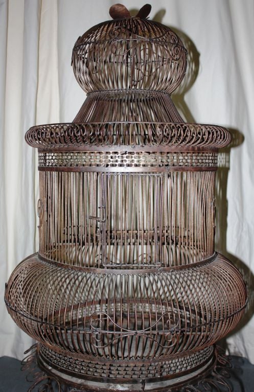 Mid-20th Century 1940's Parrot Cage On Stand In Patinated Steel