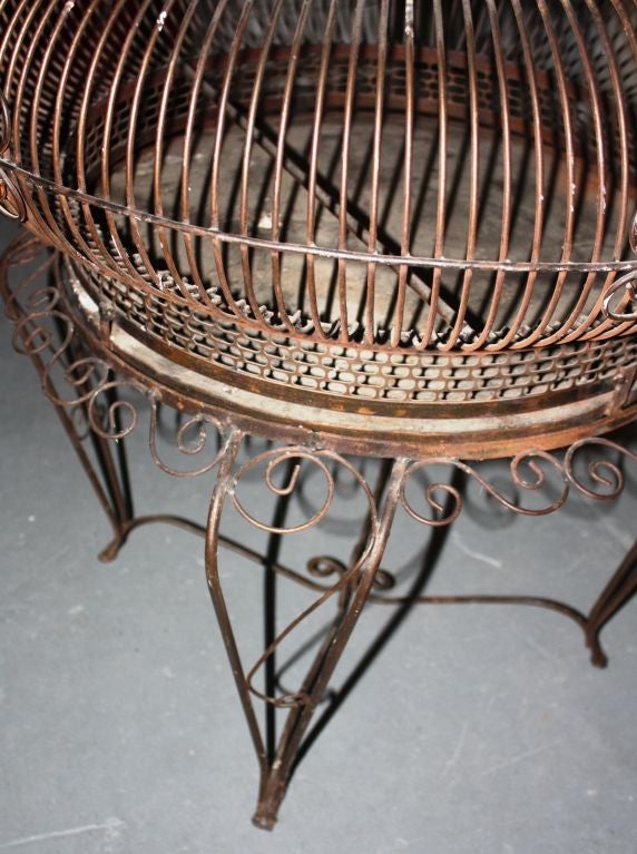 1940's Parrot Cage On Stand In Patinated Steel 1