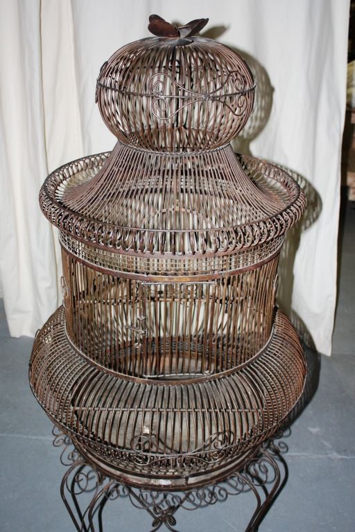 1940's Parrot Cage On Stand In Patinated Steel 2