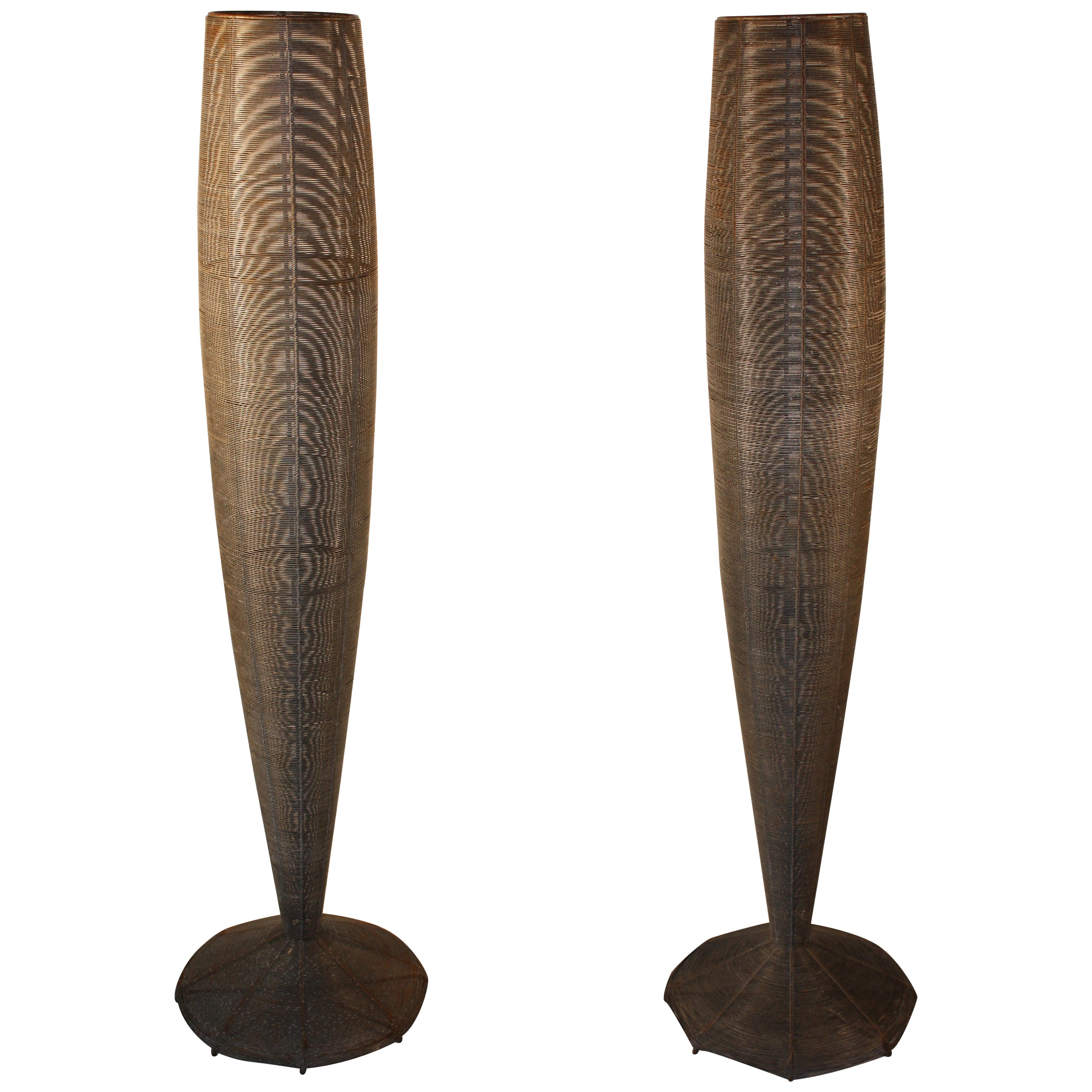 A Pair Of 5' Tall Modernist Vases In Woven Wire