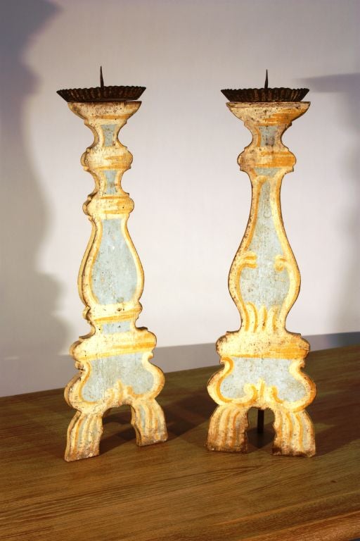 Pair of Italian Painted Pricket Candelsticks