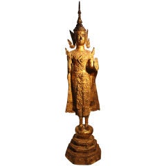 Thailändischer Stehender Buddha aus vergoldeter Bronze