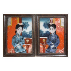 Antique Pair of Chinese Eglomise Portraits