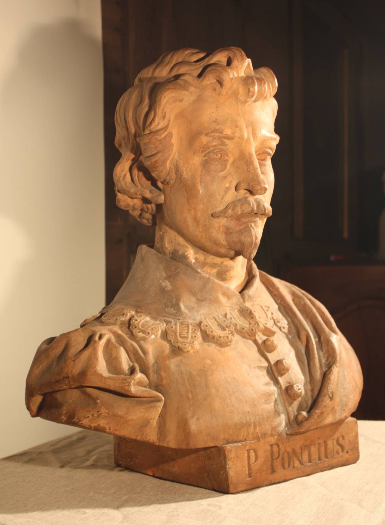 A mid to late 19th century full-size bust of Renaissance engraver Paulus Pontius (1603-1658) in nicely modeled terracotta with a great old patina.