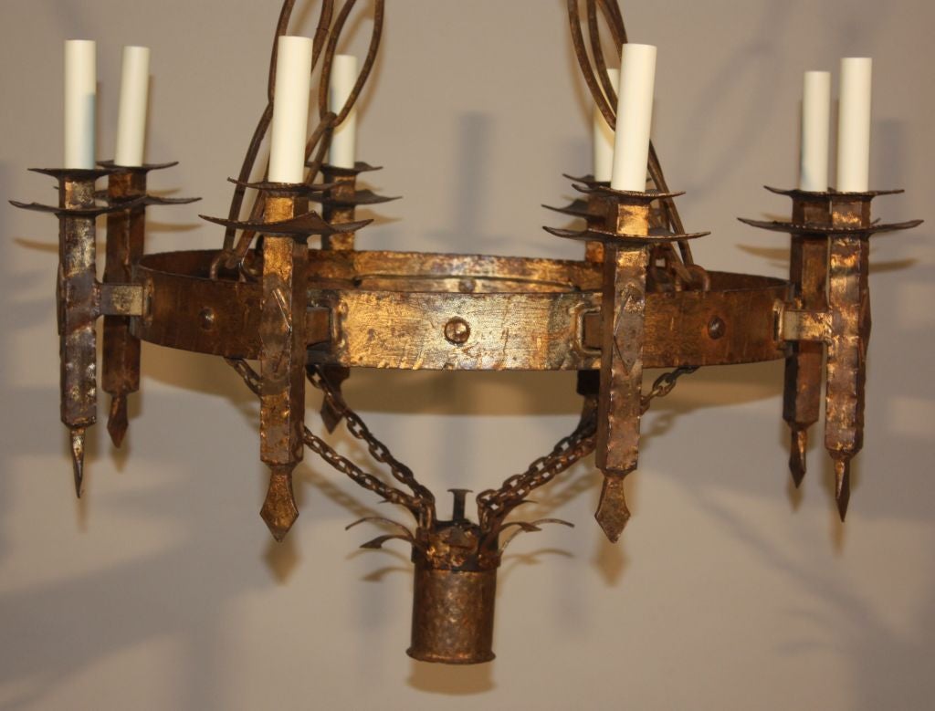 French 1930's Gilt-Iron Chandelier In Excellent Condition In Doylestown, PA