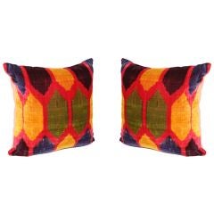 Pair Of Silk Velvet Ikat Pillows
