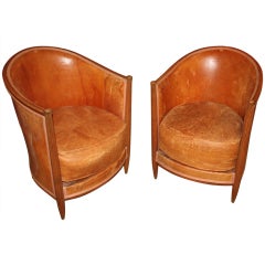 Vintage Pair Of Petite Art Deco Leather Club Chairs