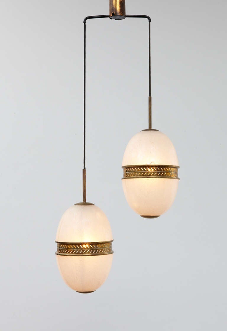 Italian ceiling light with two suspended glass globes. Electrified. 

Height of each globe: 13.5 in.