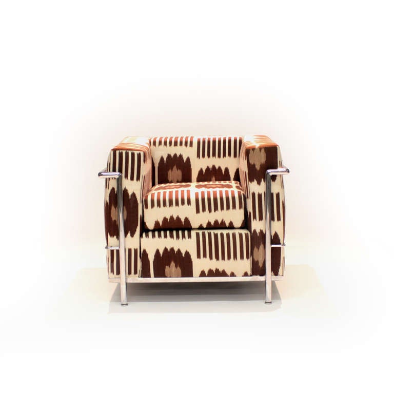 Italian Le Corbusier LC2 Armchair reupholstered by Madeline Weinrib in Brown Collins fab