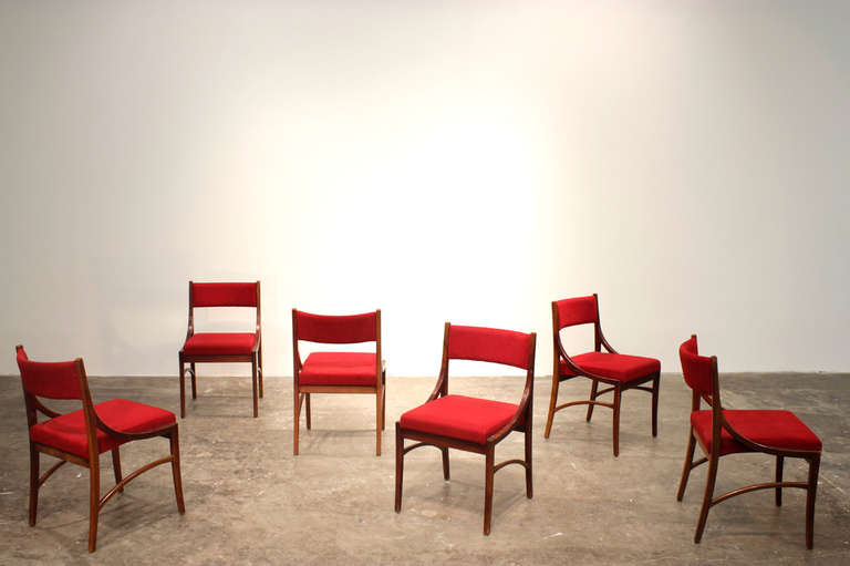 ICO PARISI
Set of six chairs (Model 110), 1961
Walnut, velvet.
30.25 x 18 x 17.25 in

Designed for Cassina. Each chair signed with metal label 