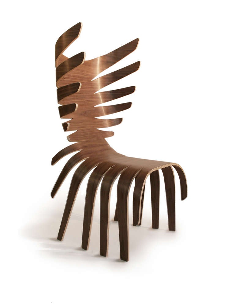 The Cervo Chair (Deer Chair) is shaped from thin strips of bentwood, in reference to the ribcage and antlers of a deer. The complexity of the structure enhances the idea of a form that is 'inside-out,' which as result, strengthens the seat itself.
