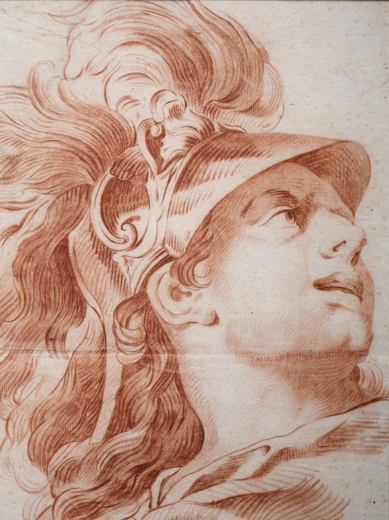Red chalk drawing on paper, probably inspired by characters painted by Charles Le Brun (1619-1690) in his battles of Arabella. It is signed F. Verdier at the bottom center right.
For the study of a head of a soldier by Carle Van Loo (1705-1765),
