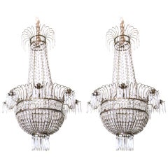 Antique Rare Pair of Empire Swedish Silvered and Cut Glass Chandeliers