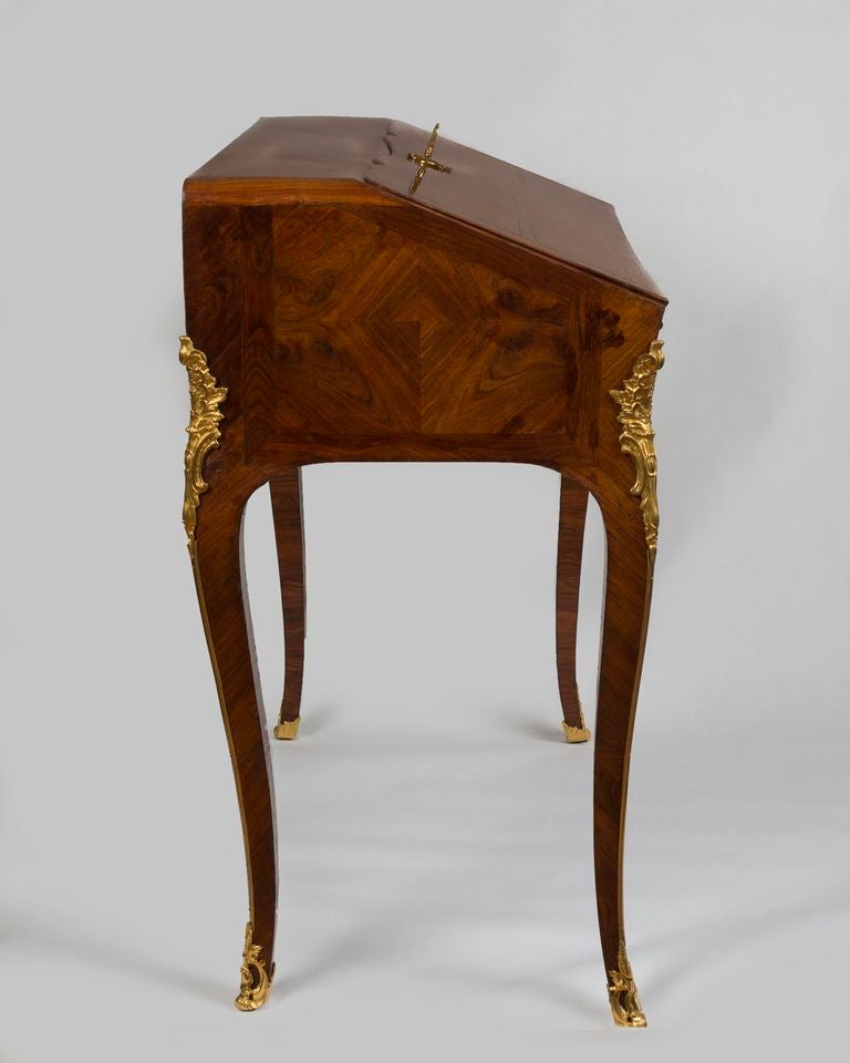 French Louis XV Ormolu-Mounted Tulipwood Bureau en Pente, attributed to Migeon For Sale