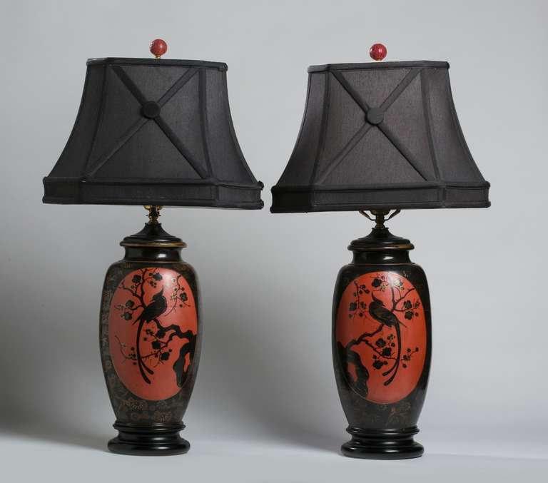 Pair of Japanese Lacquered Vases Mounted as Lamps