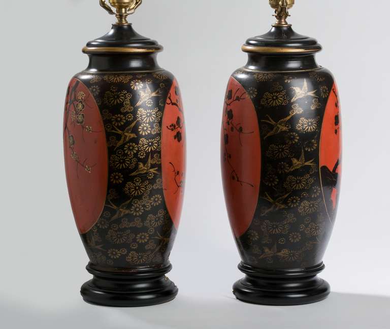 20th Century Pair of Japanese Lacquered Vases Mounted as Lamps