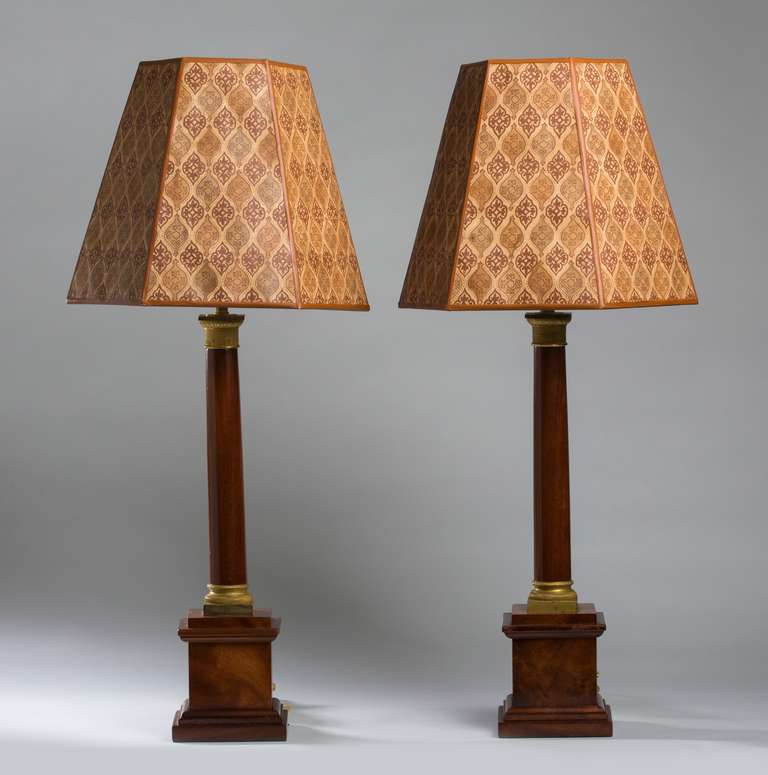 Pair of Empire Style Gilt Bronze Mounted Mahogany Columnar Lamps
