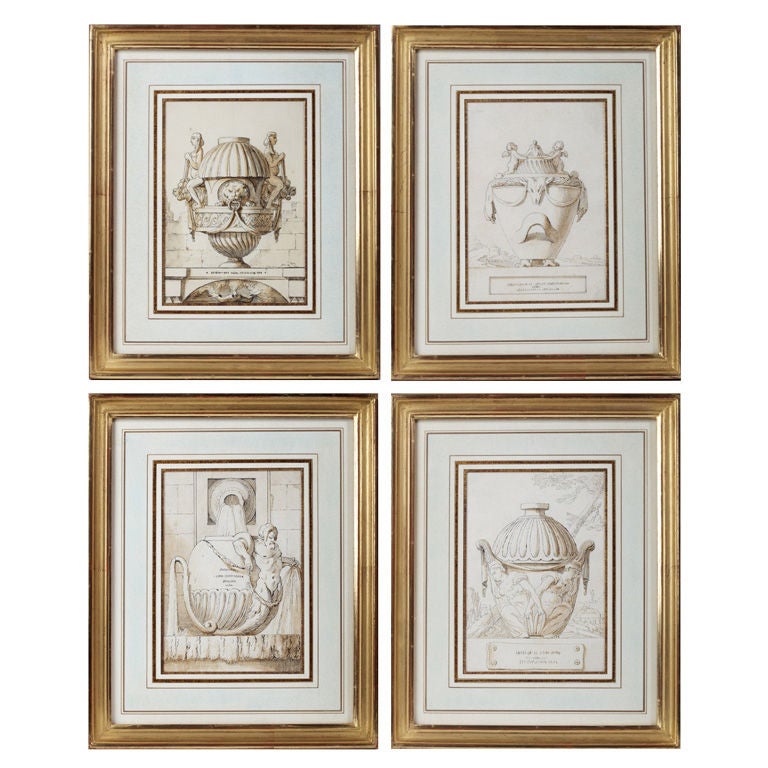 Set of Four Neoclassical Drawings of Urns, French School