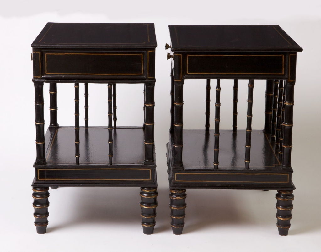 Rare Pair of Regency Parcel Gilt Ebonized Bedside Tables