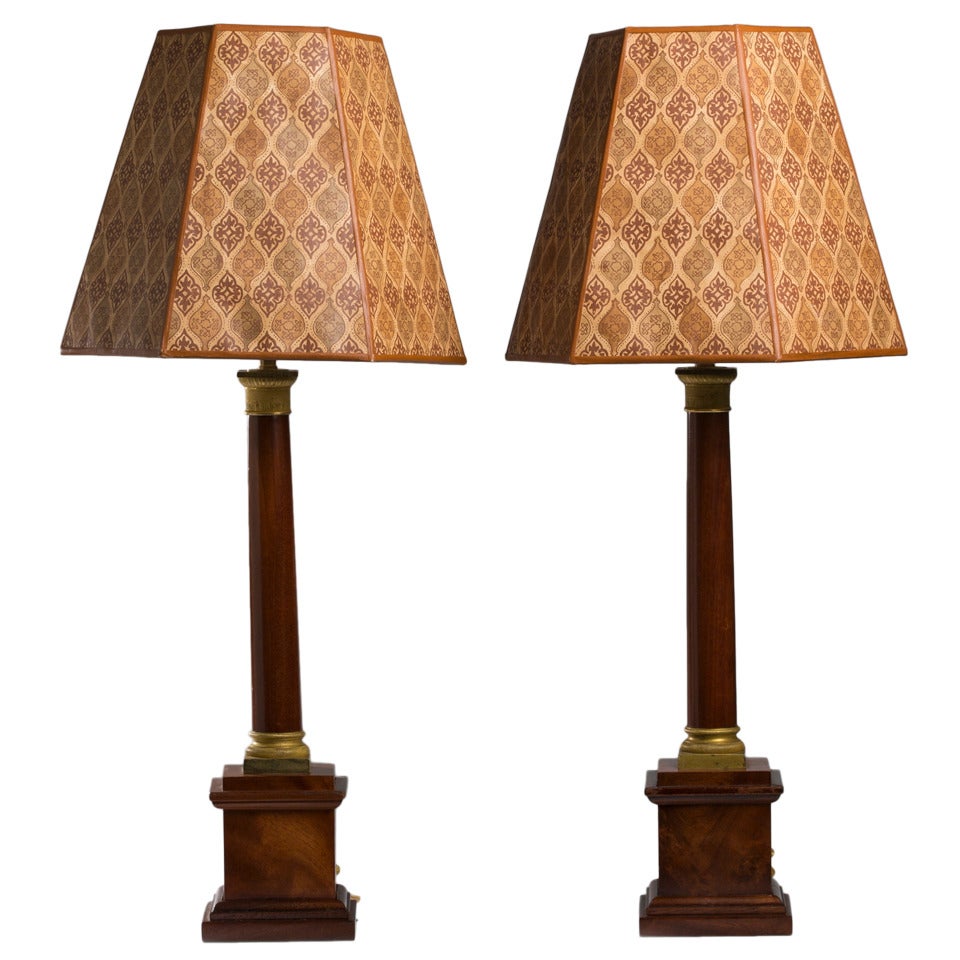 Pair of Empire Style Gilt Bronze Mounted Mahogany Columnar Lamps