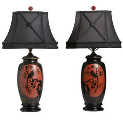 Pair of Japanese Lacquered Vases Mounted as Lamps