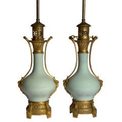Antique Pair of Louis XVI Style Gilt-Bronze Mounted Celadon Lamps