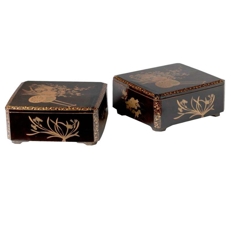 Pair of Japanese Black and Gold Lacquered Boxes and Cover
