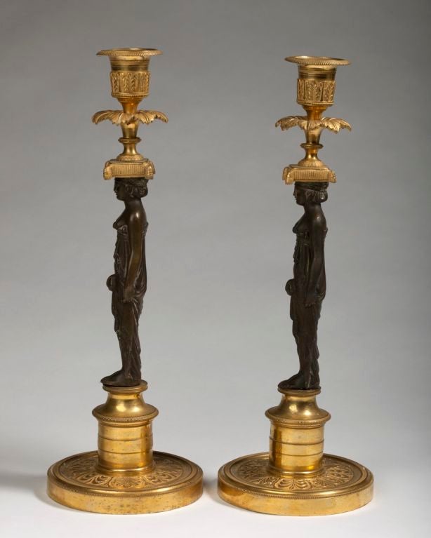 English Pair of Regency Gilt and Patinated Bronze Figural Candlesticks For Sale