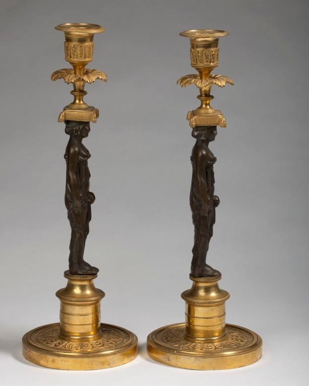 Pair of Regency Gilt and Patinated Bronze Figural Candlesticks For Sale 1